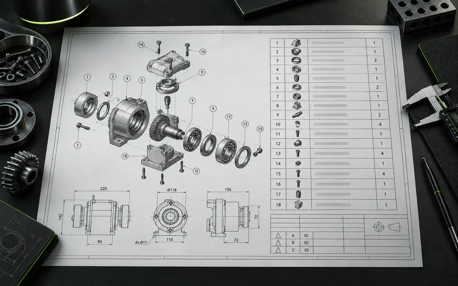 Technical assembly drawing with callouts and bill of materials list