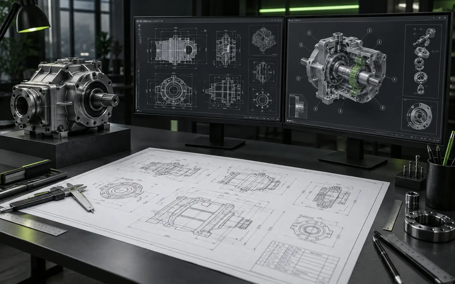 Mechanical drafting drawing and CAD assembly views