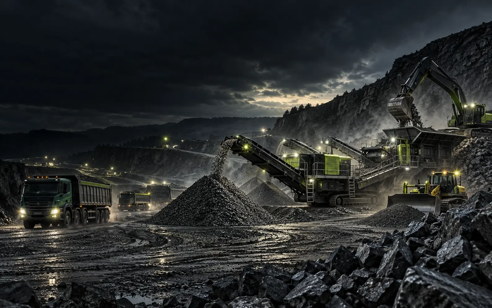Crusher, trucks, excavator and bulldozer processing boulders